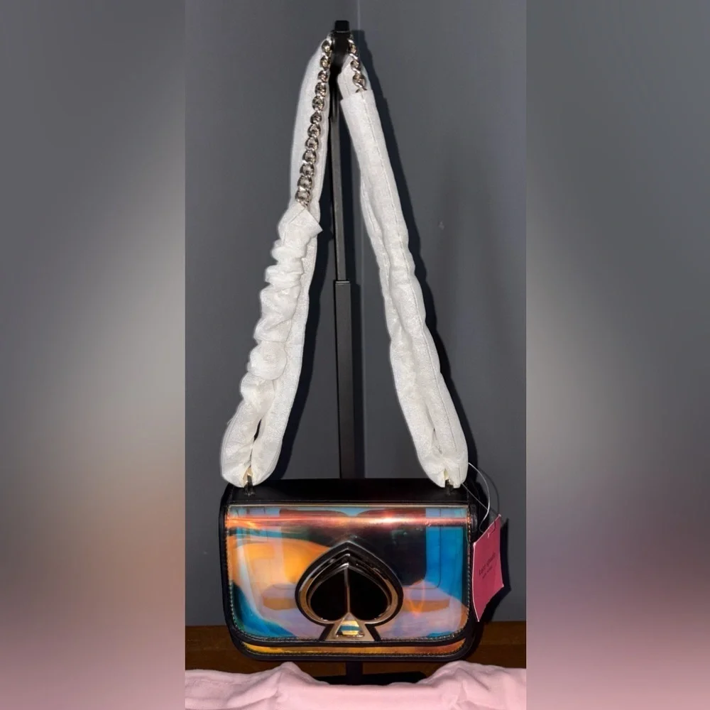Kate Spade Black Small Nicola Iridescent Holographic Heart Lock Purse Bag